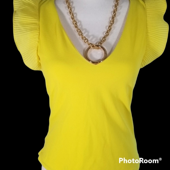 Roxx Hot Yellow Ruffle Deep V neckline Side Zipper Top. M - Picture 2 of 12